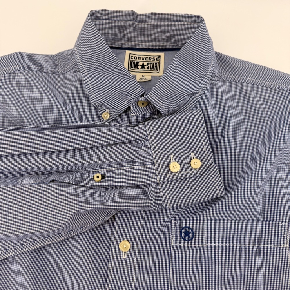 Converse Button Down Shirt Mens Medium Blue One Star Micro Check Long Sleeve
